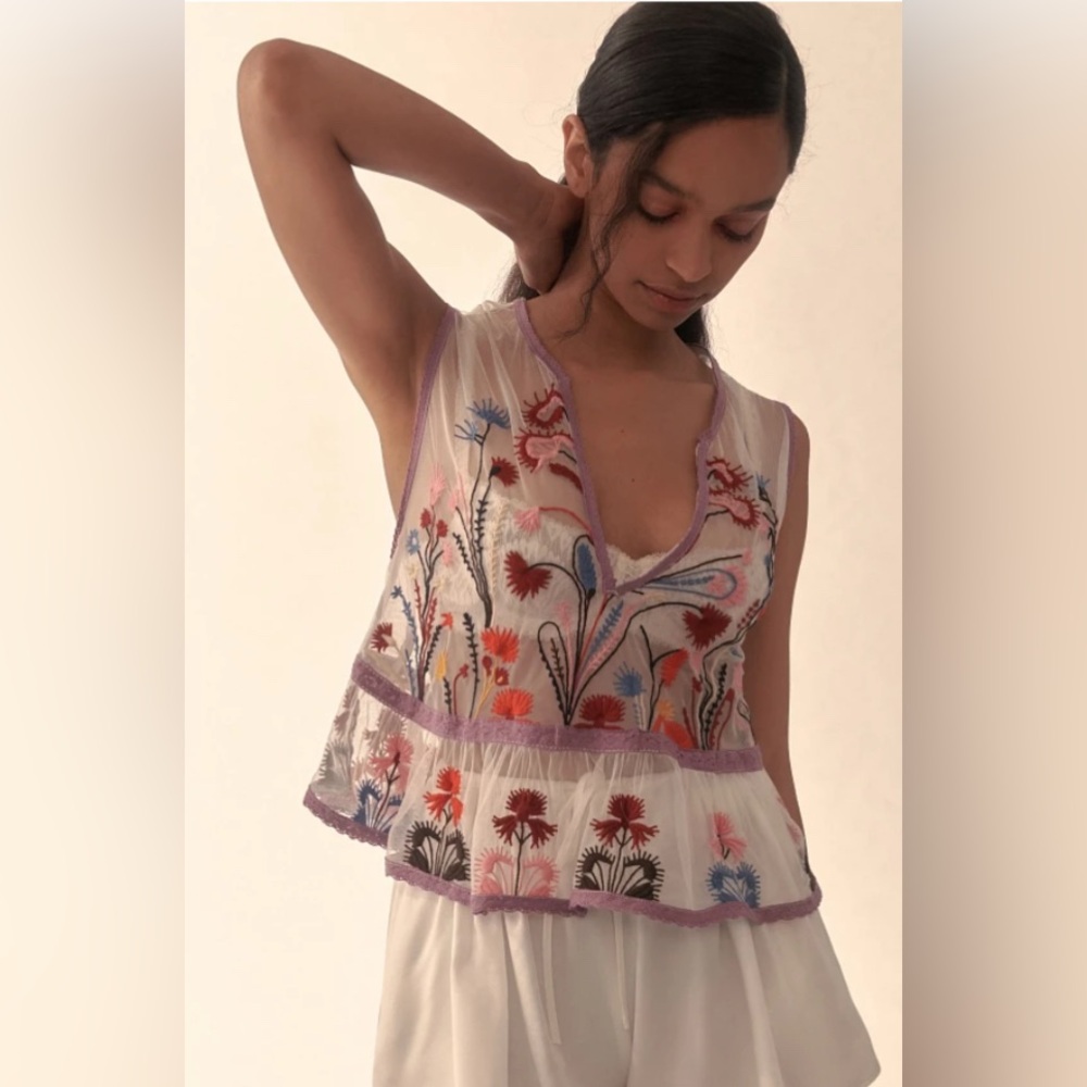 Floral Embroidered Sheer Mesh Tank - Worn once!